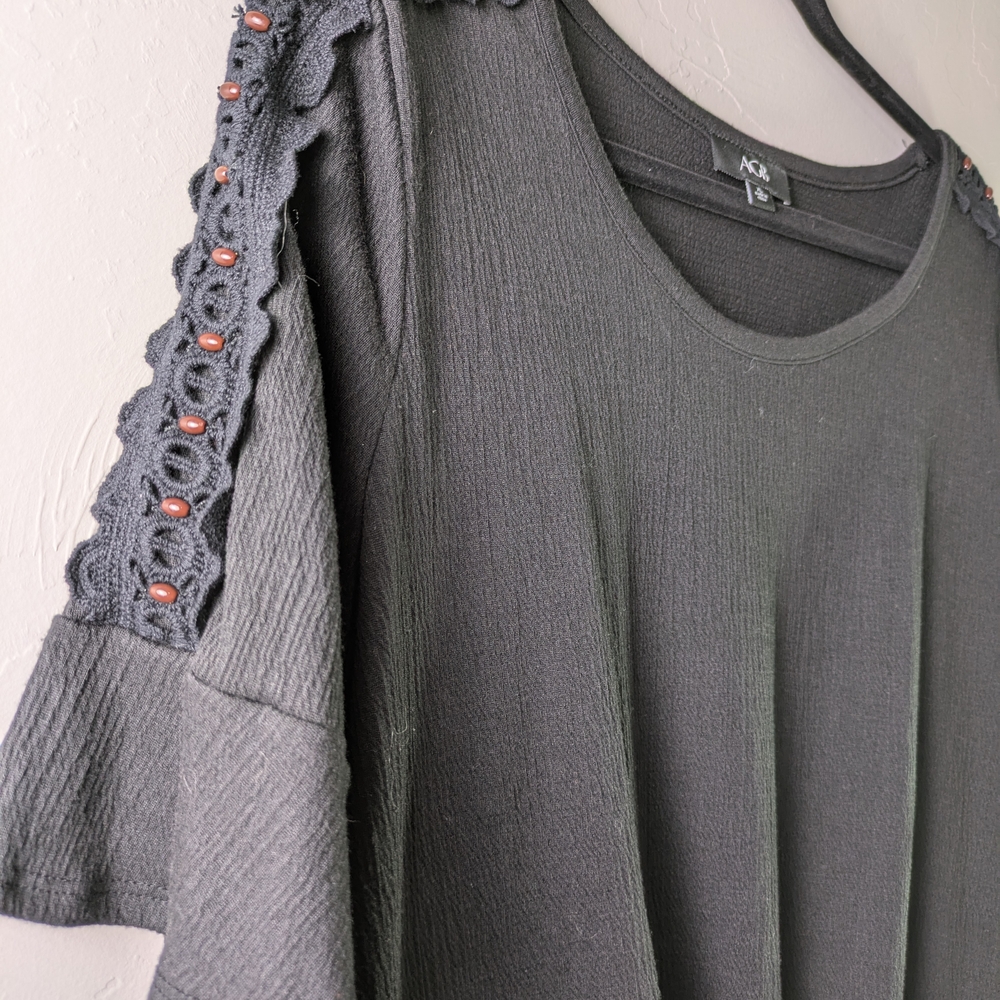 AGB Crickle Women's Black Tie-Front Top w/Bead Detail SzXL Boho Western Beachy